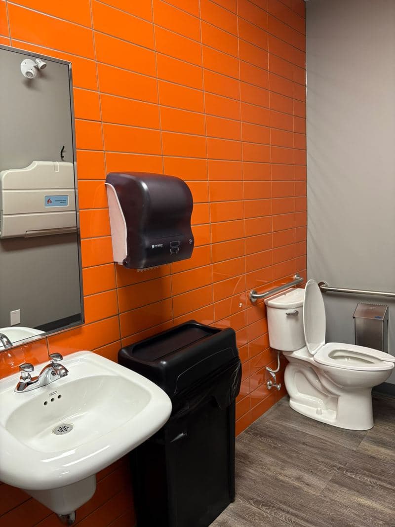 Washroom with an orange tiled wall, clean basin and toilet