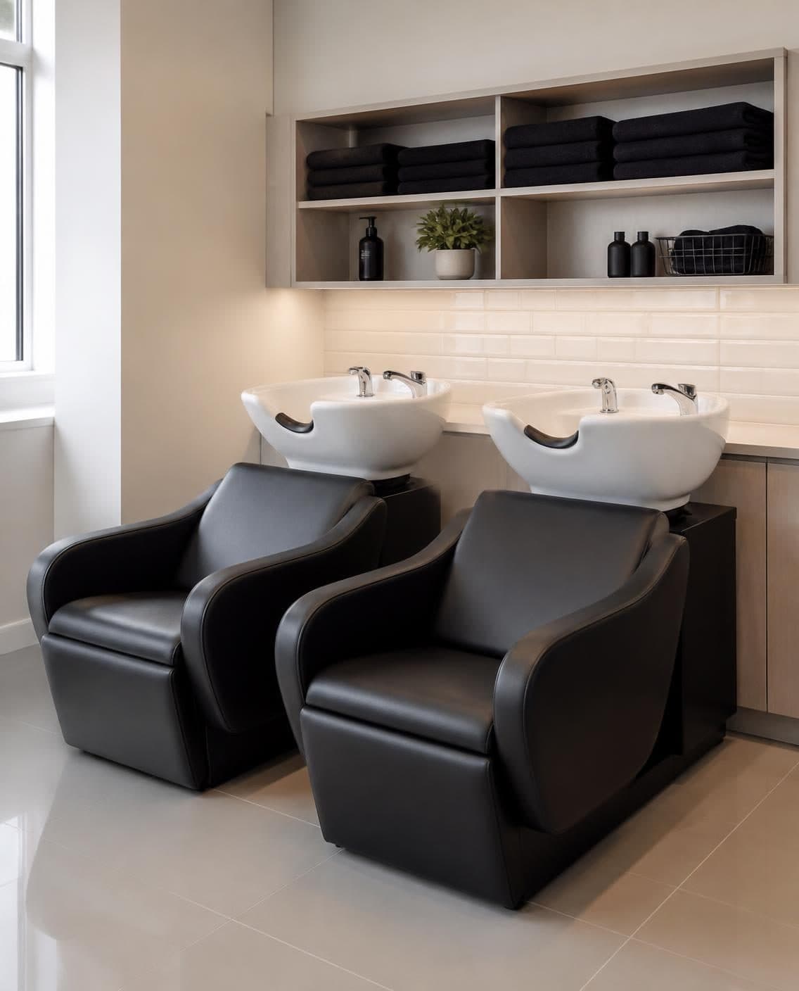 Two backwash basins and chairs, sanitised, with clean towels on the shelf above
