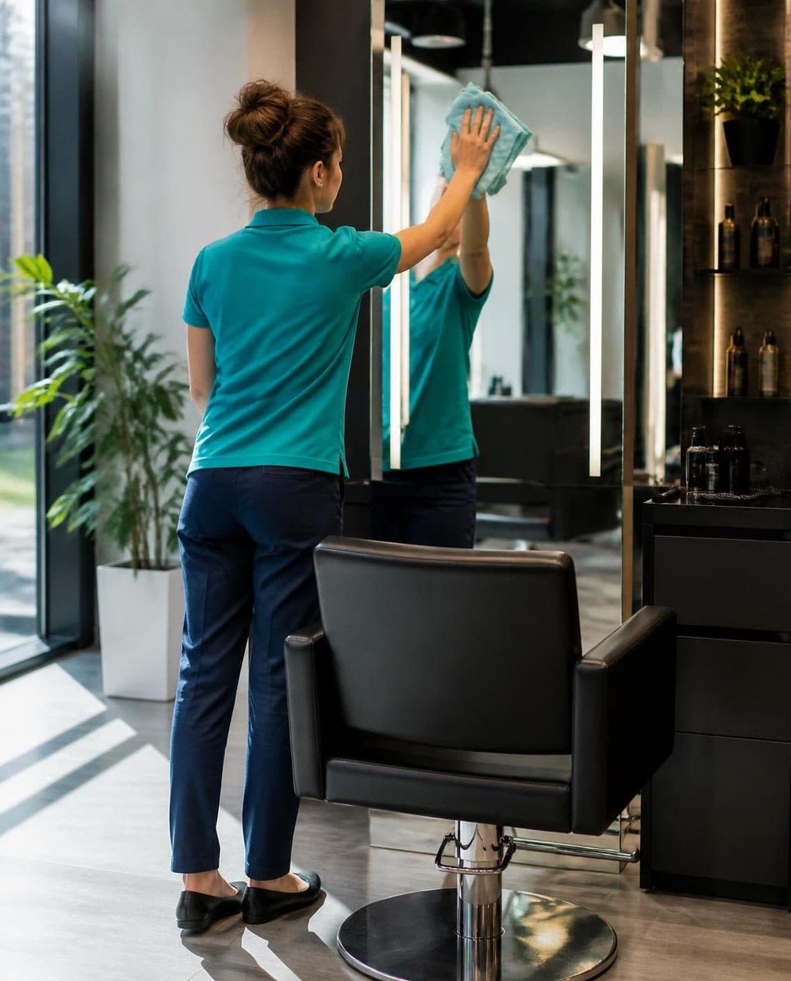 Cleaner in a teal uniform polishing a styling mirror above a salon chair