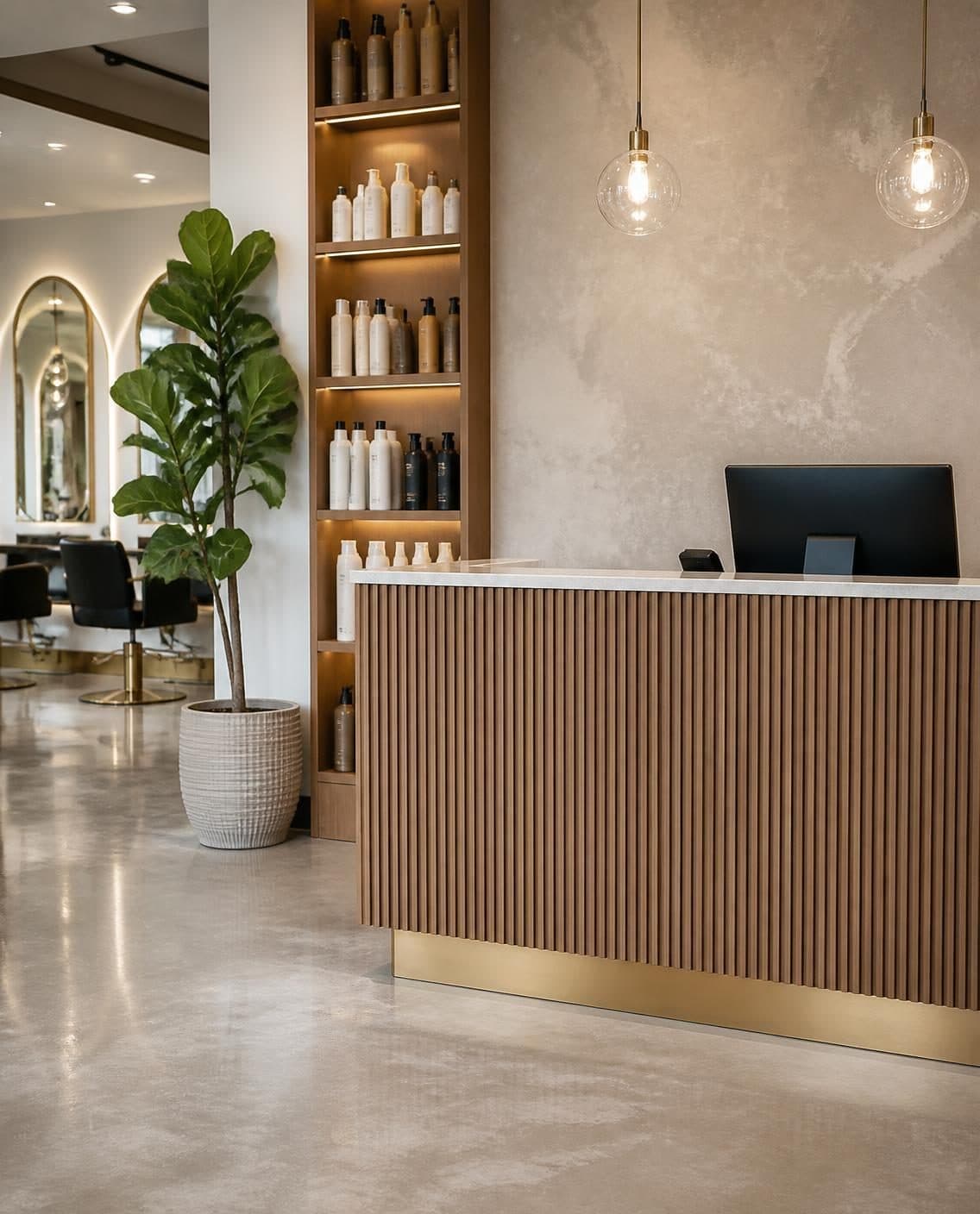 Salon reception desk and retail shelving, dusted, with a polished stone floor