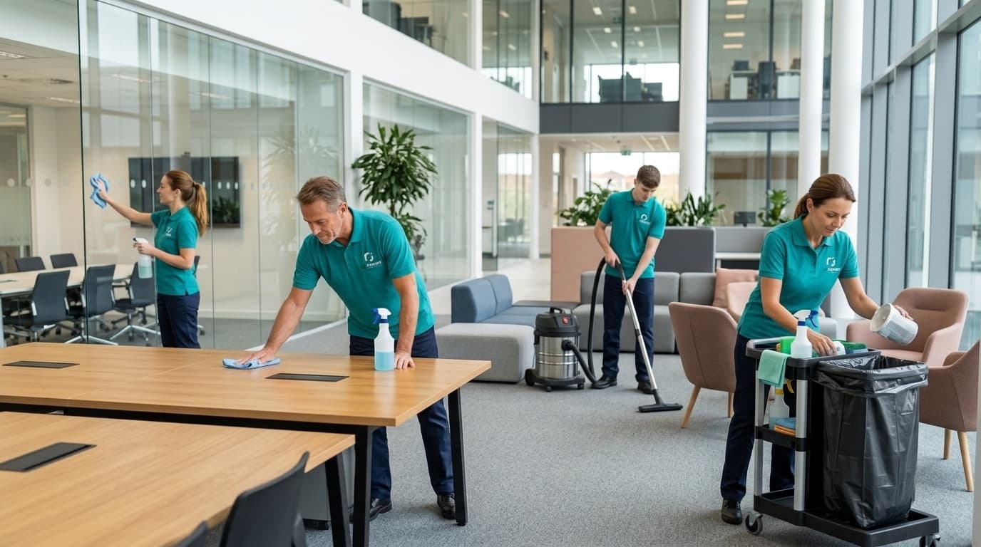 JJ Prime cleaners in teal uniforms wiping desks, vacuuming and emptying bins in an open-plan office